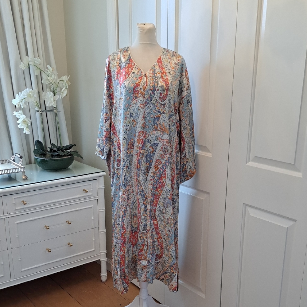 Oscar de la Renta Womens Vintage Silky Print Long Sleeve Kaftan/Muumuu Zip Up XS